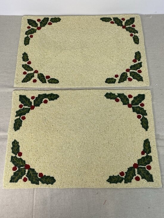 R.L.K. By Leila's Linens Other - Hand Beaded Table Mats Holly Berry Design Set Of 2 By R.L.K. Leilas